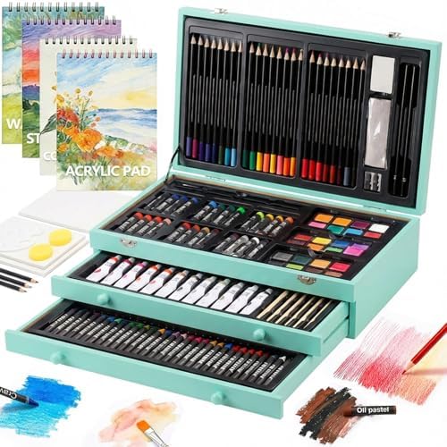 194 Piece Deluxe Art Set, Painting Drawing Art Supplies with 4 Drawing Pads, Acrylic Paints, Crayons, Colored Pencils Set in Wooden Case, Art Kit Gift Box for Kids, Teens, Adults, Artists, Beginners by TMOLARTSUPPLIES