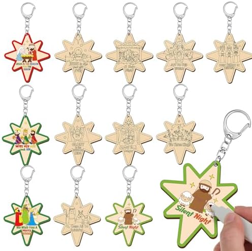 RattanView 24 Pack Star of Bethlehem Nativity Wooden Keychain Craft Kits by RattanView