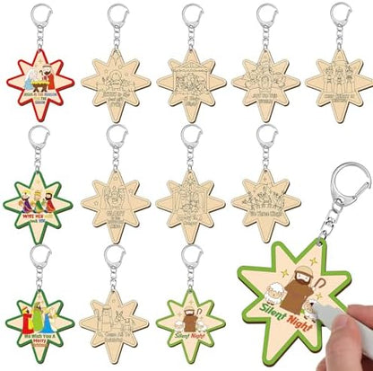 RattanView 24 Pack Star of Bethlehem Nativity Wooden Keychain Craft Kits by RattanView