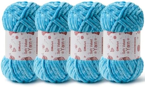 4x100g Fluffy Velvet Chenille Yarn for Crocheting and Knitting, 4x80m (87.5yd) Baby Yarn for Crocheting Soft, Crochet Chunky Yarns Amigurumi Yarns (4 Lake Blue) by OMoiut