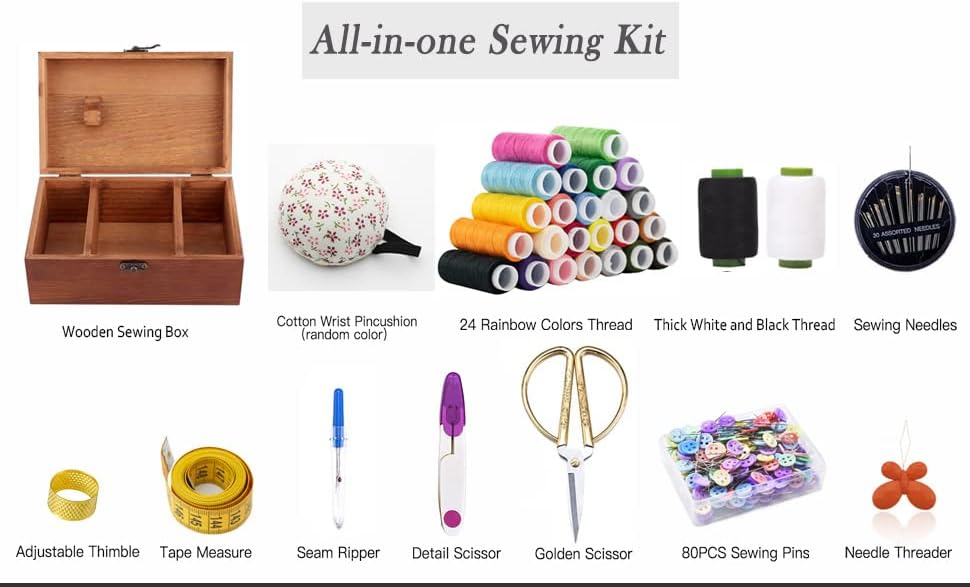 Wooden Sewing Kit Box with Cute Sewing Accessories, Sewing Basket Kit for Adults Beginners Kids Girls, Home Hand Sewing Starter Kit - Image 3