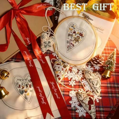 GDGJWL DIY Heart Shaped Hand Embroidered Christmas Ornament Kit Complete Craft Set with Pre-Printed Fabric Embroidery Thread Holiday Cross Stitch Decor for Beginners Adults and Home Decor (DIY) - Image 5