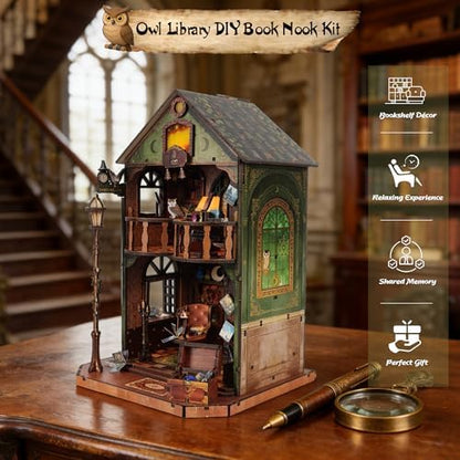 DIY Book Nook Kit | Miniature House Kit with LED Lights | 3D Wooden Puzzles for Adults & Teens | Creative Model Building Kit | Unique Bookshelf Decor & Gift for Craft Lovers | Owl Library - Image 2