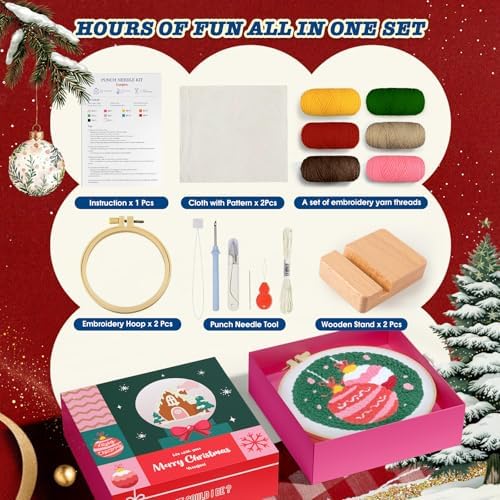 yuegool 2PCS Christmas Punch Needle Decoration Kit,Easy DIY Punch Needle Embroidery Kit for Beginners Adults Kids Including Patterns, Tools, Yarns, Hoop, Instruction, Bracket Art Craft Supplies - Image 2