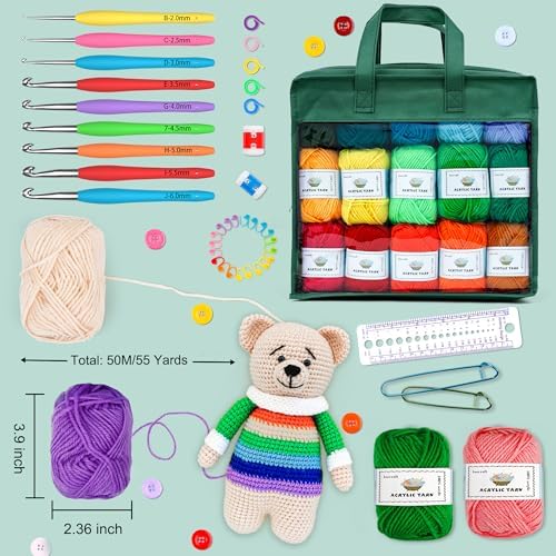INSCRAFT Crochet Yarn Kit for Beginners Adults and Kids, Includes 1650 Yards 30 Colors Acrylic Skeins, User Manual, Hooks, Dark Grass Bag etc, Make Amigurumi & Projects, Starter Set for Professionals - Image 3