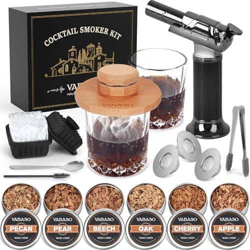 18PCS Whiskey Smoker Kit with Torch - 6 Flavors of Wood Chips, 2 Glasses, Ice Molds - Cocktail Smoker Kit, Old Fashioned Smoker Kit, Birthday Bourbon Whiskey Gifts for Men, Dad, Husband by Vabaso-top10best-sellingbrandinelectricheatedlunchbox
