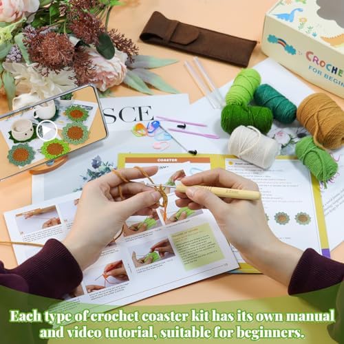 LOMOHOO Crochet Kit for Beginners, 6PCS Crochet Coasters Kit, Flower Potted Plant Crochet Kit with Crochet Hook, Colorful Yarn, Stitch Marker, Instruction, Craft Lover DIY Material Tools(Green) - Image 3