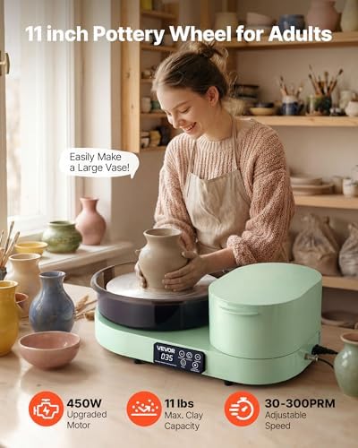 VEVOR Pottery Wheel for Adults, 11" Aluminum Turntable, 450W Electric Table Top Pottery Wheel with Foot Pedal, 30-300 RPM Adjustable Speed, Aluminum Body, for Beginners, DIY Clay Art Craft, Green - Image 2