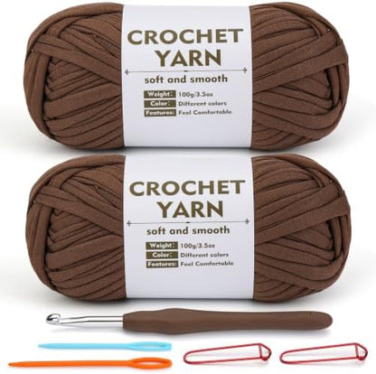 SHWAKK 2 Pack T-Shirt Yarn Set, Brown Knitting Crochet T Shirt Yarn for Crochet Bag/Baskets with Crochet Hook, Elastic Thick Tshirt Yarn Kit for Crocheting, Ribbon Cotton Yarn, Knitting Ball by SHWAKK