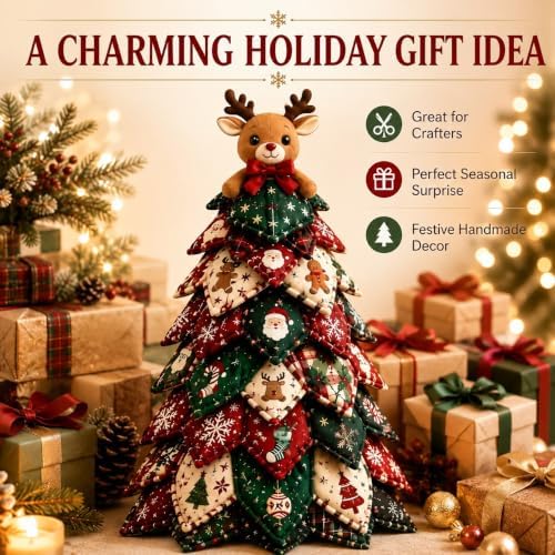DIY Halloween Christmas Quilted Fabric Tree Kit, 3D Padded Patchwork Sewing Craft Kit for Beginners, Home Office Mantel Shelf Tabletop Decor, Handmade Holiday Gift for Craft Lovers (Christmas #A) - Image 6