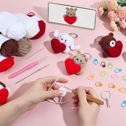 ACRNIGHEET Crochet Kit for Beginners 8 Pcs Loving Animals Keychain Crochet Kit Kinitting Kits for Beginners Adults Amigurumi Keychain Crafts for Bag Ornament Valentine's Day Gifts - Image 4