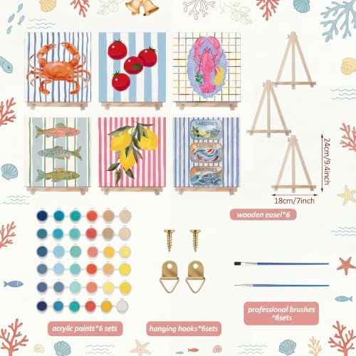 YooNotee 6 Pack Paint by Numbers Kit, 8x8 DIY Canvas with Easel Fish - Image 2