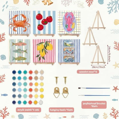 YooNotee 6 Pack Paint by Numbers Kit, 8x8 DIY Canvas with Easel Fish - Image 2