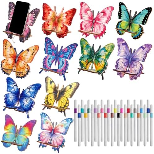 Kenning 12 Pcs Butterfly Crafts Color Your Own Phone Holder DIY Butterfly Cell Phone Stand Paint Your Own Unfinished Wooden Cellphone Holder Paint with 24 Color Pens for Adults Handmade Project Gift by Kenning