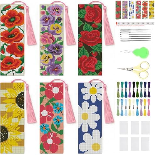 NEGEKFKX 6 Pcs Flower Cross Stitch Bookmark Kit for Adult Beginners by NEGEKFKX