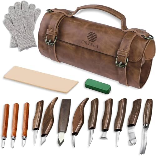 Orbela 16PCS Wood Carving Tools Set Heavy Duty with Leather Roll Bag - Complete Wood Carving Kit for Beginners & Experts, Whittling Knives, Wood Carving Chisels, Sharpening Strop, Gloves Woodworking by Unknown