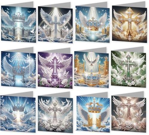 12 Pack Diamond Painting Greeting Cards Kit with Envelopes, 5D DIY Faith Cross Angel Wings Diamond Art Cards, Easter Baptism Sympathy Religious Cards for Adults Christians by POETRYDRAW