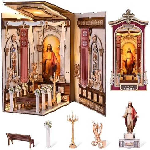 Book Nook DIY Kit,3D Wooden Puzzle with LED Bookend Bookshelf Decoration,Miniature Doll House for Home Decor, Jesus Christ Spiritual Gift,Cathedral by DROICC