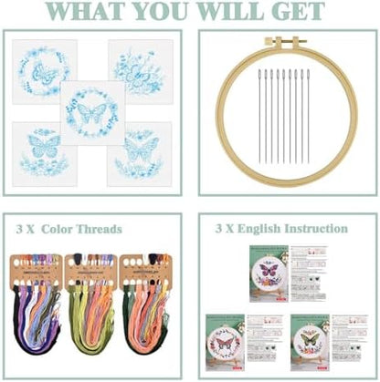 GLTAYLMY Butterfly Embroidery Kit for Beginners Adults, 3 Sets Hand Embroidery Starter Kit with Flower Pattern and Instructions Stamped Cross Stitch Kits Include Embroidery Hoop Needles Threads - Image 3