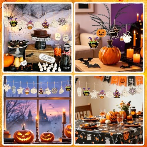 80PCS Wooden Halloween Ornaments to Paint Fall Decorations,10 Styles DIY Blank Autumn Unfinished Wood Skull Pumpkin Ghost Bat Witch Feet Halloween Cutouts Ornament for Crafts Party Hanging - Image 4