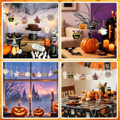 80PCS Wooden Halloween Ornaments to Paint Fall Decorations Crafts for Kids, 10 Styles DIY Blank Autumn Unfinished Skull Pumpkin Ghost Bat Boo Witch Feet Spiderweb Halloween Cutouts for Party Hanging - Image 6