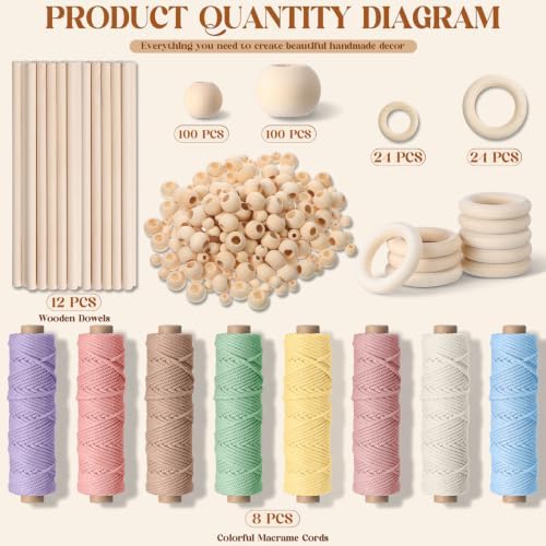 Wesnoy 268 Pcs Macrame Kits for Adults Beginners Weaving Supplies with 3 mm Macrame Cord Cotton, Wooden Beads, Wooden Rings and Sticks for DIY Plant Hangers Wall Hangings, No Insturctions (Pastel) - Image 2