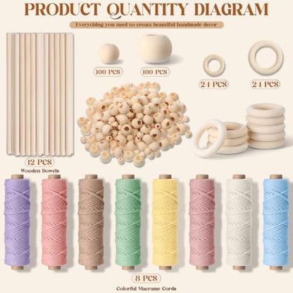 Wesnoy 268 Pcs Macrame Kits for Adults Beginners Weaving Supplies with 3 mm Macrame Cord Cotton, Wooden Beads, Wooden Rings and Sticks for DIY Plant Hangers Wall Hangings, No Insturctions (Pastel) - Image 2