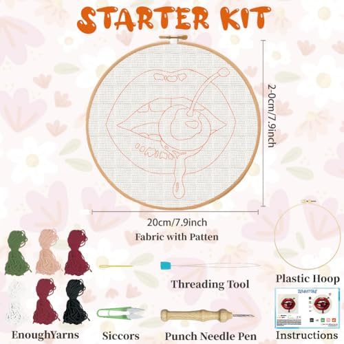 BEUNITONE Mouth and Cherry Punch Needle Kit for Adults Beginners, Complete DIY Craft Needlepoint Kits with Hoop, Punch Needle Starter Craft Embroidery Set for Festival Gift and Home Decor 20x20cm - Image 2