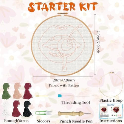 BEUNITONE Mouth and Cherry Punch Needle Kit for Adults Beginners, Complete DIY Craft Needlepoint Kits with Hoop, Punch Needle Starter Craft Embroidery Set for Festival Gift and Home Decor 20x20cm - Image 2