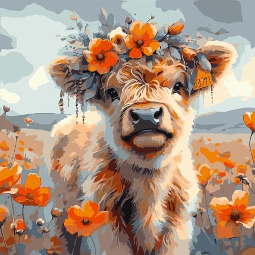 AALBLAC Cow Paint by Numbers for Adults - Highland Cow Flower Paint by Numbers for Adults Beginners, Acrylic Simple Paint by Number Canvas for Gift Home Decoration (16x16 Inch) by Unknown
