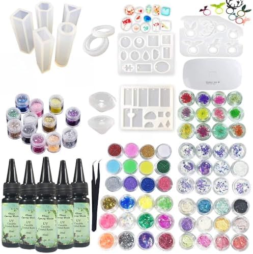 UV Curable Epoxy Resin Kit 5x30ML 12 Silicone Molds 72 Decorations Glitter Flowers Holographic Sequins Nacre Shells + Compact UV Lamp & Tweezers for Jewelry Making Pendants Earrings Bracelets Rings by Unknown