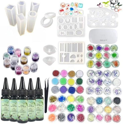 UV Curable Epoxy Resin Kit 5x30ML 12 Silicone Molds 72 Decorations Glitter Flowers Holographic Sequins Nacre Shells + Compact UV Lamp & Tweezers for Jewelry Making Pendants Earrings Bracelets Rings by Unknown