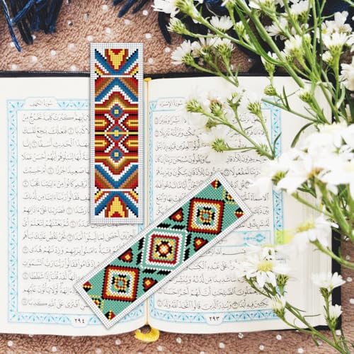 BEUNITONE Cross Stitch Bookmarks Kit 6 Pcs Geometric Pattern DIY Bookmarks Cross Stitch Kits for Beginners Boho Floral Fabric Bookmark Kit Traditional Decorative Counted Knitting Kit 8''x2.4'' - Image 6