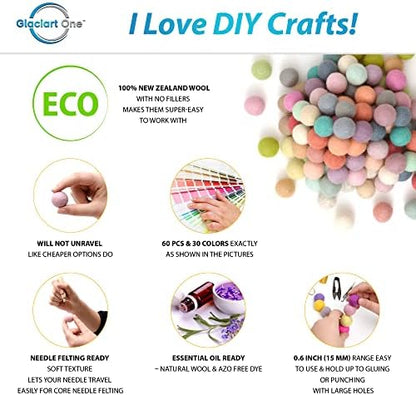Glaciart One Felt Pom Poms, Wool Felt Balls (60 Pieces) 1.5 cm – 0.6 Inch, Handmade Felted 30 Pastel Colors (Green, Pink, Blue, Yellow and More) Bulk Small Puff for Felting and Garland - Image 2