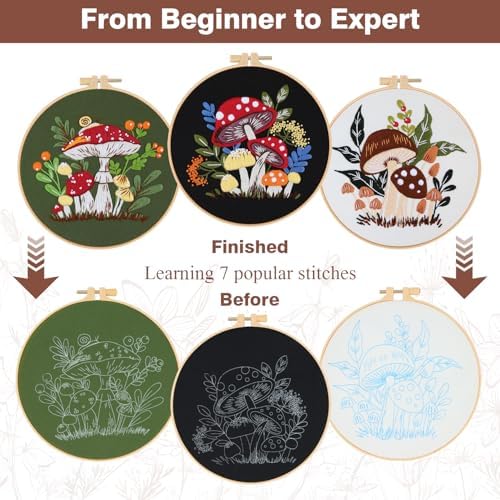 RidaaFri Embroidery Kit for Beginners, 3 Pk Stamped Mushroom DIY Craft - Image 2
