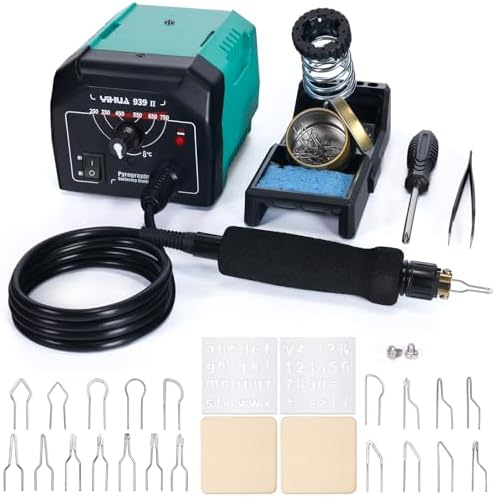YIHUA 939-II Wood Burning Kit Station Pyrography Pen 250~750℃/482~1382℉ Temperature Adjustable with 20 Wire Nibs, 1 Stable Pen Holder, 2 Stencils, 2 Scrap Wood, 1 S/S Tweezers, and 1 Pliers (Green) by YIHUA