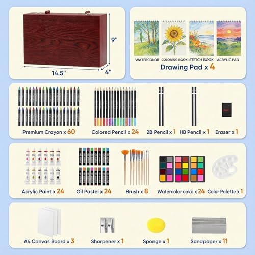 194 Piece Deluxe Art Set, Painting Drawing Art Supplies with 4 Drawing Pads, Acrylic Paints, Crayons, Colored Pencils Set in Wooden Case, Art Kit Gift Box for Kids, Teens, Adults, Artists, Beginners - Image 2
