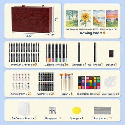 194 Piece Deluxe Art Set, Painting Drawing Art Supplies with 4 Drawing Pads, Acrylic Paints, Crayons, Colored Pencils Set in Wooden Case, Art Kit Gift Box for Kids, Teens, Adults, Artists, Beginners - Image 2