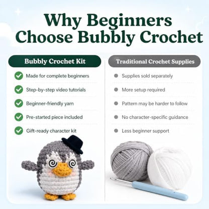 Bubbly Crochet Mr. Tux the Penguin Crochet Kit for Beginners – DIY Penguin Plush with Customizable Eyes & Hat, Step-by-Step Video Tutorials & All-in-One Tools – Amigurumi Craft Kit and Easy Arts - Image 3
