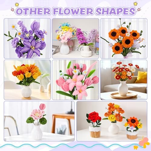 900 PCS Pipe Cleaners Craft, Pipe Cleaner Bulk Flower Kit 14 Colors Chenille Stems Flower Making Kit with Greeting Card, Floral Wires, Tape, Stamen, Floral Wrapping Paper & Ribbon for Art DIY Flowers - Image 6