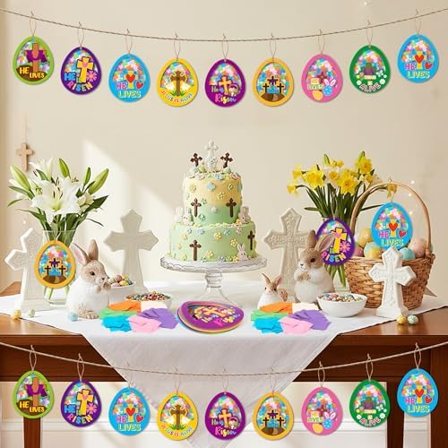CJiangpo 24 Sets Religious Easter Egg Suncatcher Craft Kits, He is Risen DIY Stained Glass Window Ornament Rainbow Tissue Paper Art Craft for Classroom Sunday School Activities Christian Party Decor - Image 6
