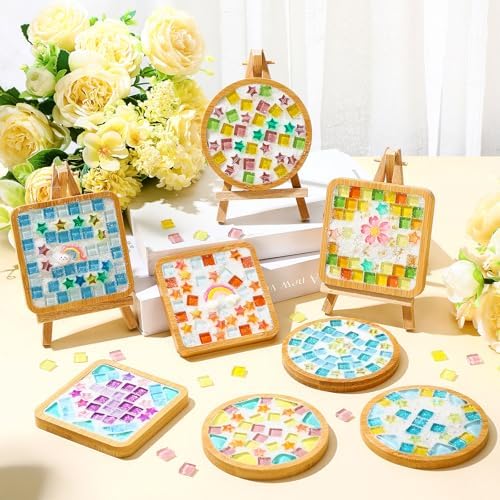 Reallnaive 14 Sets Mosaic Coaster Kit with Glass Tiles,Assorted Style - Image 4
