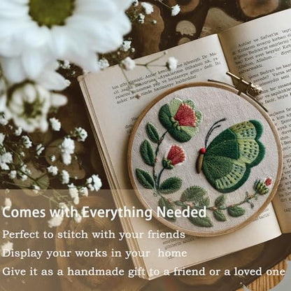 FONNUY Green Plants Embroidery Kit, Cross Stitch Kits for Beginners, Handmade Crafts with Printed Patterns for Beginner Adults, Easy to Follow Color Thread Needlework, 8'' Hoop (Butterfly) - Image 3