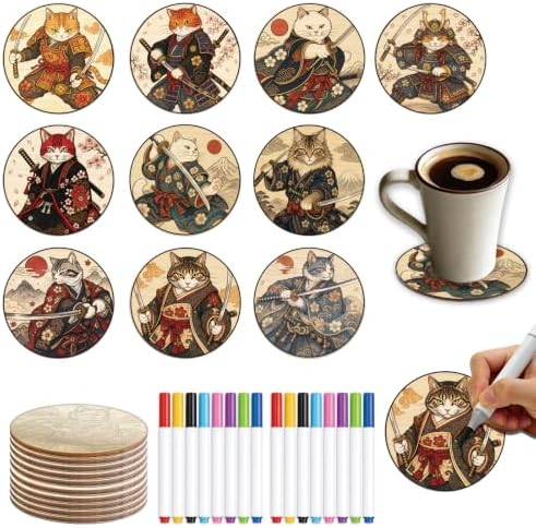 26PCS Wood Coasters Craft Kit 10 Paint You Own Coaster with 16 Pens Wooden Coaster Painting Set Coasters for Drinks Samurai Cat Painting Crafts Art Supplies (Samurai Cat) by TWINKLEMON