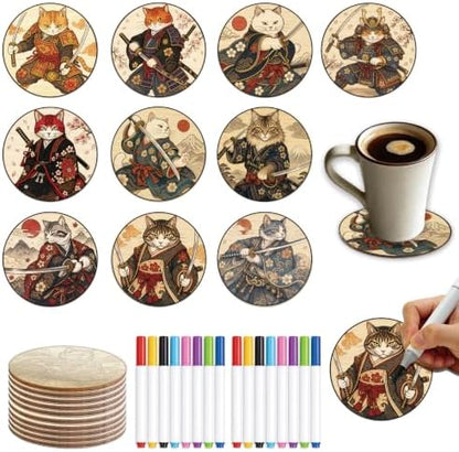 26PCS Wood Coasters Craft Kit 10 Paint You Own Coaster with 16 Pens Wooden Coaster Painting Set Coasters for Drinks Samurai Cat Painting Crafts Art Supplies (Samurai Cat) by TWINKLEMON