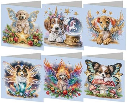 C'eitura Dog Diamond Art Painting Greeting Cards 6Pcs,5D DIY Rhinestone Greeting Card Kit with Fairy Puppy Angel Wings Unicorn Mushroom and Christmas Designs, Handmade Cards for Birthday Holiday Gifts by C%27eitura