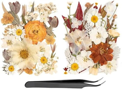 50pcs Boho Pressed Flowers Bulk, Vintage Dried Flower Leaves, Natural Fall Pressed Dried Flowers with Tweezer for DIY Crafts Resin Mold Candles Cake Bridal Scrapbooking Supplies by LGFMGWH