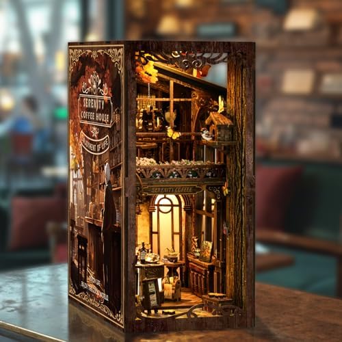 Book Nook Serenity Coffee House 3D Wooden DIY Miniature Kit with LED Lighting - Vintage Bookshelf Decor for Adults - Image 4