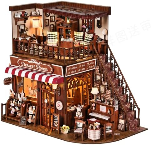 DIY Miniature House Kit, Dollhouse Fantastic Corner Shop for Adults to Build, Birthday/Christmas Day Gift for Family and Friends, Prefab Tiny Home with LED Lights,Corner Dessert House by DROICC
