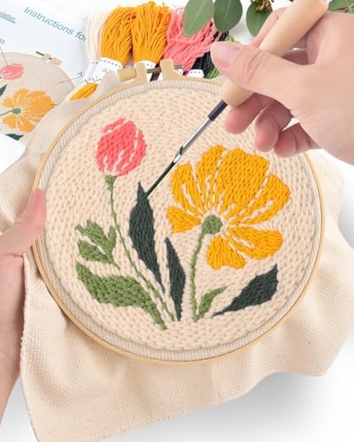 ERKOON Punch Needle Kit Adults Beginners, DIY Easy Floral Embroidery Set for Starter Art Craft, Needling Punch Project with Patterns, Tools, Yarns, Hoop, Instruction (Rhubarb Flowers) - Image 5